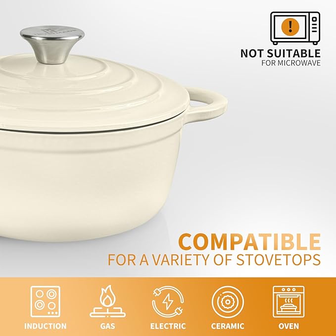 Trustmade 4.5 QT Cast Iron Dutch Oven, Enamel Coated Cookware Pot with Self Basting Lid for Home Baking, Braiser, Cooking, White