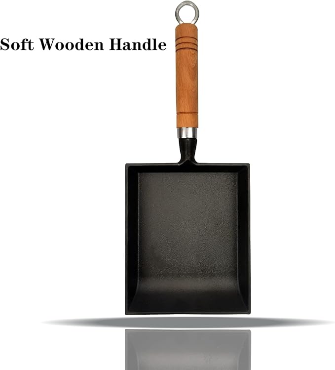 Tamagoyaki Japanese Omelette Pan Cast Iron with Wooden Lid, Square Japanese Egg Pan, Rectangle Tamago Pan with Spatula & Chopsticks 7” x 6” (Black)