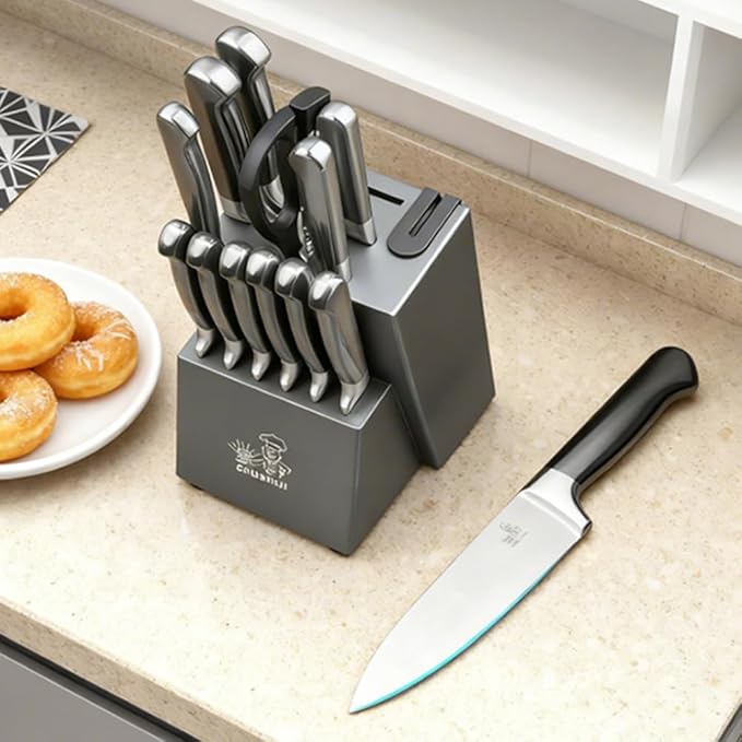 CHUSHIJI knife set with block and Sharpener, 15-Piece Premium Knife Block Set,Anti-slip Handle,Kitchen knife set with Built-in Sharpener,Gift Box Included, Grey