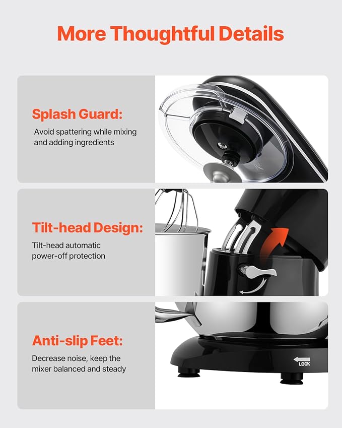 VEVOR Stand Mixer, 6 QT Dough Mixer, 660W 6 + P Speeds Tilt-head Food Mixer with Stainless Steel Bowl, Dough Hook, Wire Whip, Flat Beater, Scraper,Household Stand Mixer for Baking & Mixing, Black