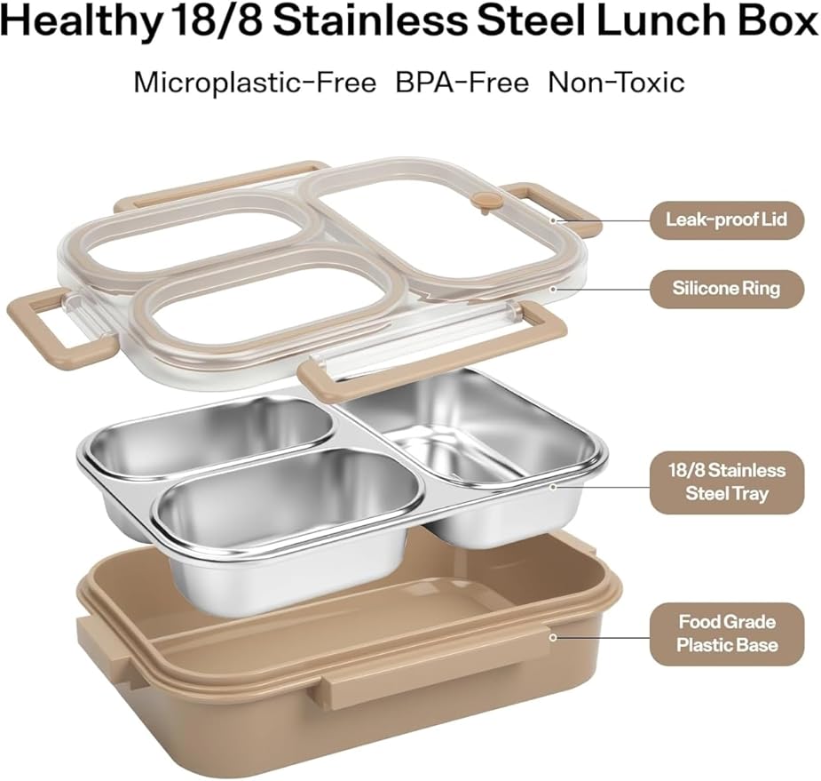 Stainless Steel Lunch Box, 3 Compartments Bento Box Leakproof Lunch Box,Quality,Airtight,Dishwasher Safe, BPA-Free.