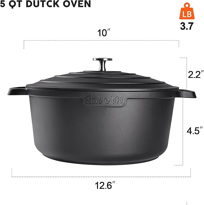 Nonstick Dutch Oven Pot with Lid-5 QT Cast Aluminum Oven Pot with Two Handles Lightweight for Bread Baking Braising and Roasting(Black)
