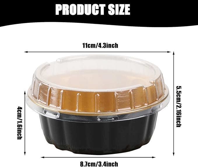 100 Pcs 8 oz Aluminum Foil Cup with Lids Disposable Ramekins with Lids Disposable Ramekin Baking Cups Foil Cupcake Containers for Wedding, Christmas, Kitchen, Party (Black, Gold, 8 oz)