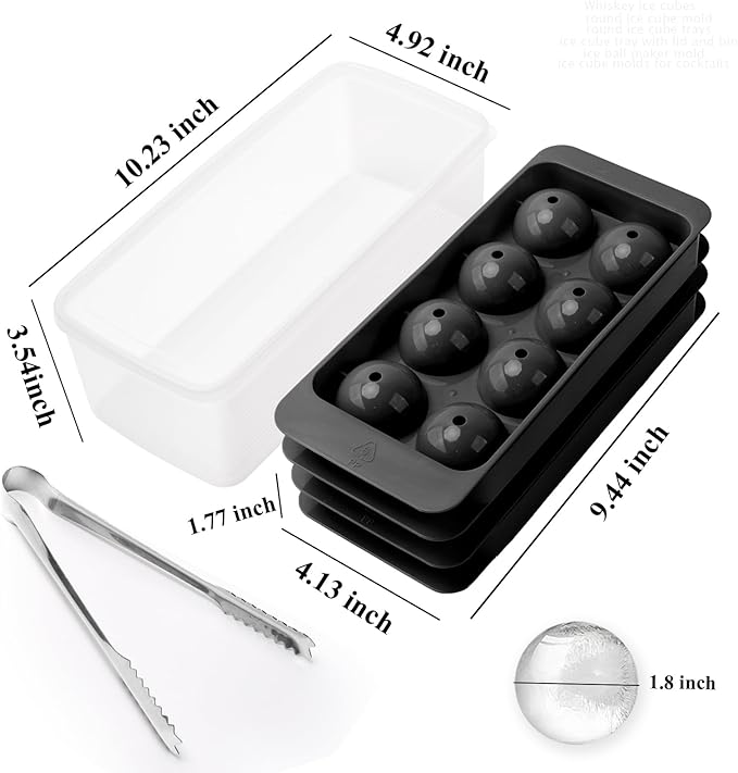 Whiskey Ice Cubes Mold,2 x 8 PCS x 1.8 inch Whiskey Ice Cubes,Circle Ice Cube Tray with Lid and Bin,Sphere Ice Ball Maker Mold,Round Ice Cube Mold for Cocktails(Whiskey Ice Cubes Mold,Black)