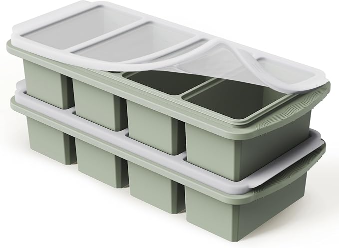Silicone Freezer Tray with Lid Soup Freezer Container Molds with Steel Reinforced Rim Large Ice Cube Tray Makes 8 Perfect 1 Cup Portions Cubes Storage Food Portion Control Containers Kitchen Gadgets