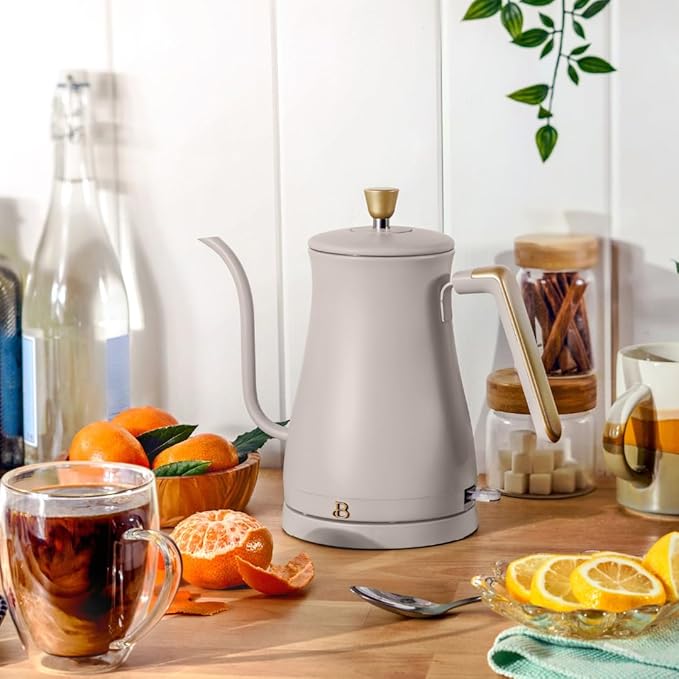 Beautiful 1L Electric Gooseneck Kettle, Precision Pour Spout, 1200W Fast Boil, Auto Shut-Off, Cordless, Stainless Steel, Tea & Coffee Maker with Ergonomic Handle, Matte Finish (Porcini Taupe)