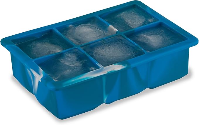 Host Ice Cube Tray with Lid, Makes 6 Large 2" Cubes, Durable Silicone Trays, Perfect for Cocktails, Beverages, Mocktails, Iced Coffee, Tea, Infused Water, Kitchen Essentials, Set of 1, Blue Marble