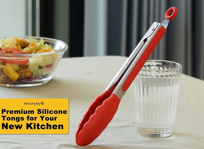 Silicone Cooking Tongs 9-Inch Serving Tongs, Set of 3 (Red)