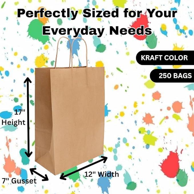 DIY Paper Bags - 250 units - Kraft Color - 12"x7"x17"- 74LB (110 GSM strong) Flat Handle Recyclable Bags for Kids Drawing, Decorating and Creative Projects - 12717NKPAPFLATH - AssurePak