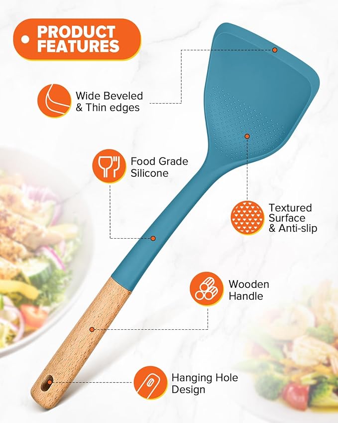 Silicone Wok Spatula Turner Set, Perfect for Scooping, Flipping, Lifting Pancakes and Picking up Veggies, BPA-Free Matte Silicone, Wooden Handles, Safe for Nonstick Cooking Surfaces (Blue)