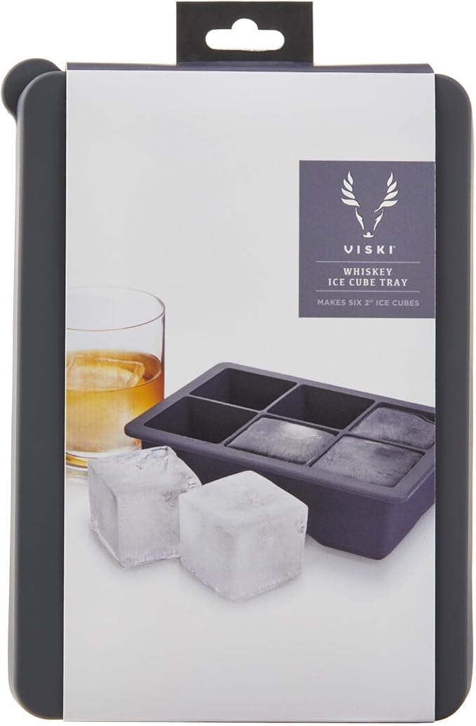 Viski Whiskey Ice Cube Tray with Lid, Large Makes Six 2-Inch Ice Molds, Perfect for Cocktails, Whiskey, Bourbon, and More, Stackable Silicone Molds for Home Bar and Parties, Set of 1, Grey