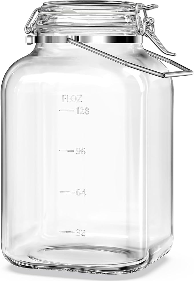 1.5 Gallon Glass Jar with Airtight Lid, Square Wide Mouth Mason Jars with Stainless Steel Handle, Large Glass Storage Containers for Canning, Flour, Sugar, Fermentation, Rice, Pickled Eggs