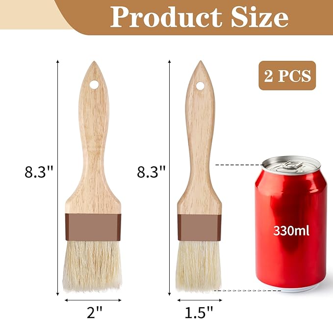 2 Pcs Natural Bristle Pastry Brush, Beech Wooden Handle Basting and BBQ Brushes for Cooking, Butter, Oil, Marinade, Grilling & Baking, Kitchen Food Brush (1.5 inch & 2 inch)