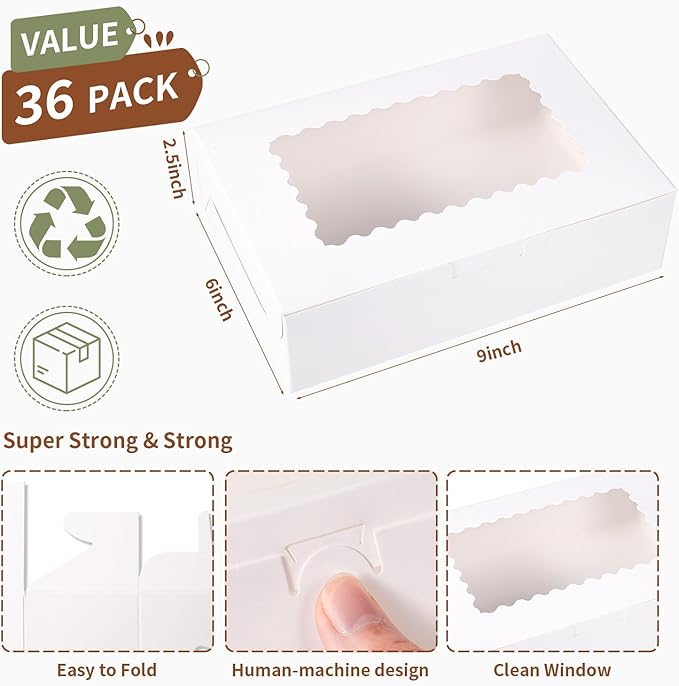 36 pcs Cookie Boxes,9x6x2.5 Inch Large Bakery Boxes with Window for Pies Chocolate Strawberries Muffins Donuts Pastry Dessert Christmas (White, 9 * 6 * 2.5inch/36pcs)
