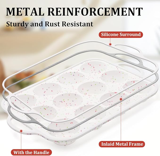 Silicone Muffin Pan with Metal Frame, Regular Size Cupcake Pan with Handle 12 Cups Nonstick Muffin Pan for Baking BPA Free 1 Pack