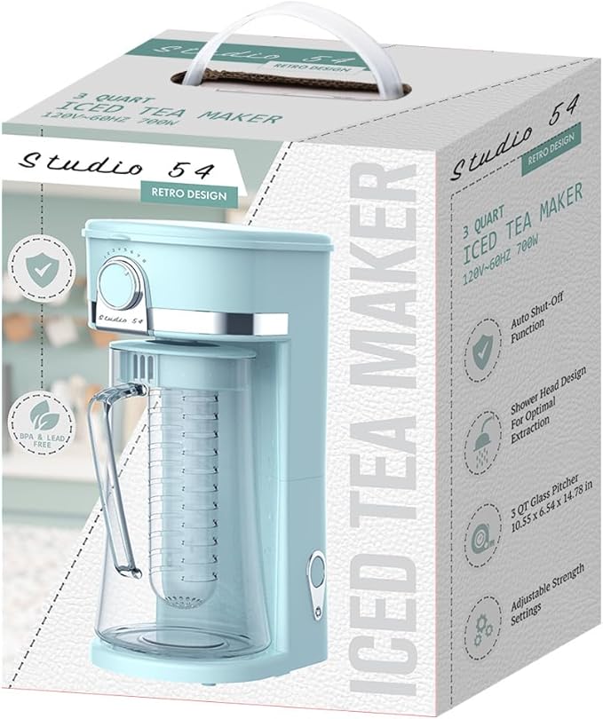Studio 54 Retro Iced Tea Maker with Infuser, 3QT Glass Pitcher Electric Tea and Coffee Brewer, Adjustable Strength Cold Brew Maker for Iced Coffee, Iced Lattes, Sweet Tea & Fruit Infusions