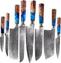 Epicurean Cook Tidal Collection 8 PCS Damascus Knife Set Japanese Kitchen Knives with VG10 Steel Core Ultra-Sharp Professional Chef Knife Set with Elegant Box and Blue Resin and Burl Wood Handles