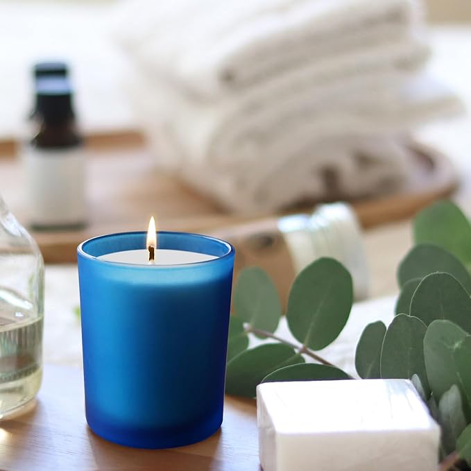 Thick Candle Jars for Making Candles 16 Pcs, 7 OZ Empty Jars with Wood Lids for Candle Making, Sample Container, Frosted Blue