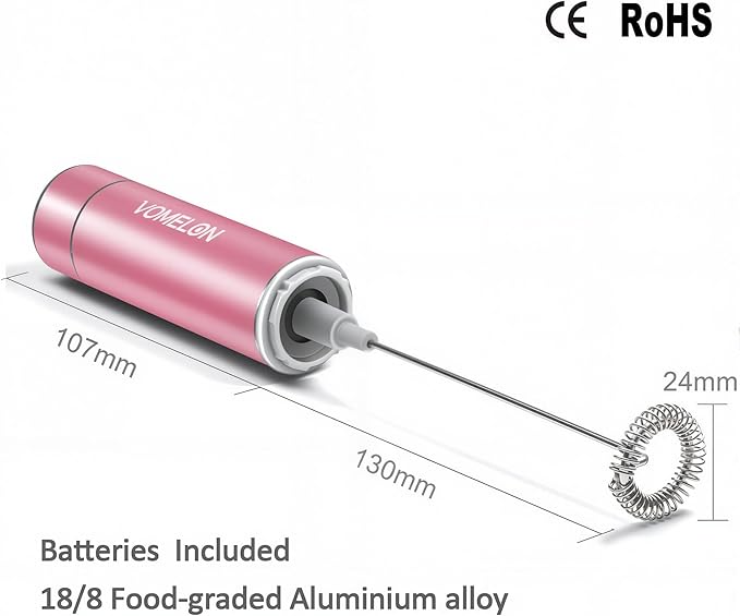 Electric Milk Frother Handheld,Travel Coffee Drink Mixer Batteries Included, 304 Stainless Steel Whisk for latte Cappuccino,Bulletproof Coffee Hot Chocolate,Egg Rose Pink