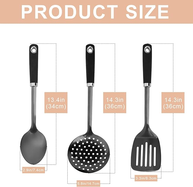 3-Piece Cooking Utensils Set Stainless Steel Large Serving Spoons Set Slotted Spoon Spatula Turner Skimmer Commercial and Residential Use Dishwasher Safe, Black