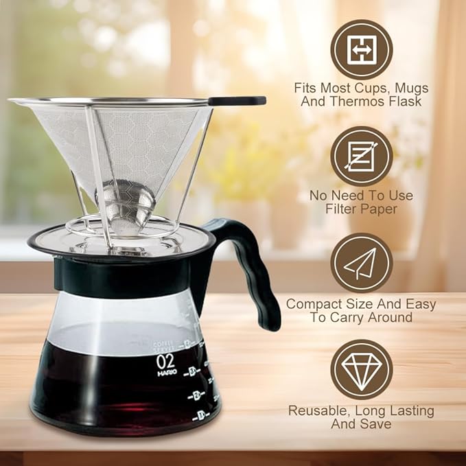 Pour Over Coffee Dripper, Abnaok Stainless Steel Filter,Easy to Clean Paperless Pour Over Coffee Maker,Reusable Filter,Cone Dripper with Removable Cup
