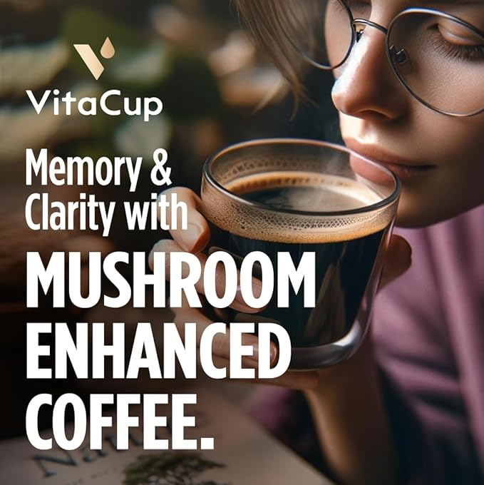 VitaCup Focus Mushroom Coffee Pods, Boost Focus & Immunity w/Lions Mane, Chaga, B Vitamins, D3 for Memory & Clarity, Medium Roast, Recyclable Single Serve Pod Compatible w/Keurig K-Cup Brewers,64 Ct
