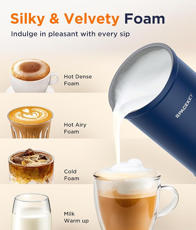 Spacekey Milk Frother, 4-in-1 Electric Frother for Coffee, 10.1oz/300ml Automatic Warm and Cold Foam Maker with Mute Mode, Temperature Control Milk Steamer for Latte, Easy to Clean