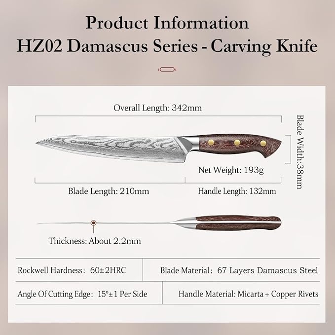 HEZHEN Carving Knife, 67 Layers Damascus Steel BBQ Slicing, 8.3 Inches, Professional Brisket Slicing Meat Knife, Ergonomic Micarta Handle, Gift Packing