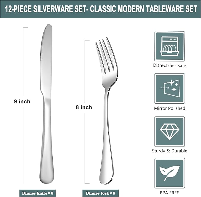 SANTUO 12 Piece Silverware Set with 6 Dinner Knives and 6 Dinner Forks,Flatware Set with Top Food Grade Stainless Steel,Tableware Cutlery Set For Home Restaurant Hotel, Mirror Finish, Dishwasher Safe