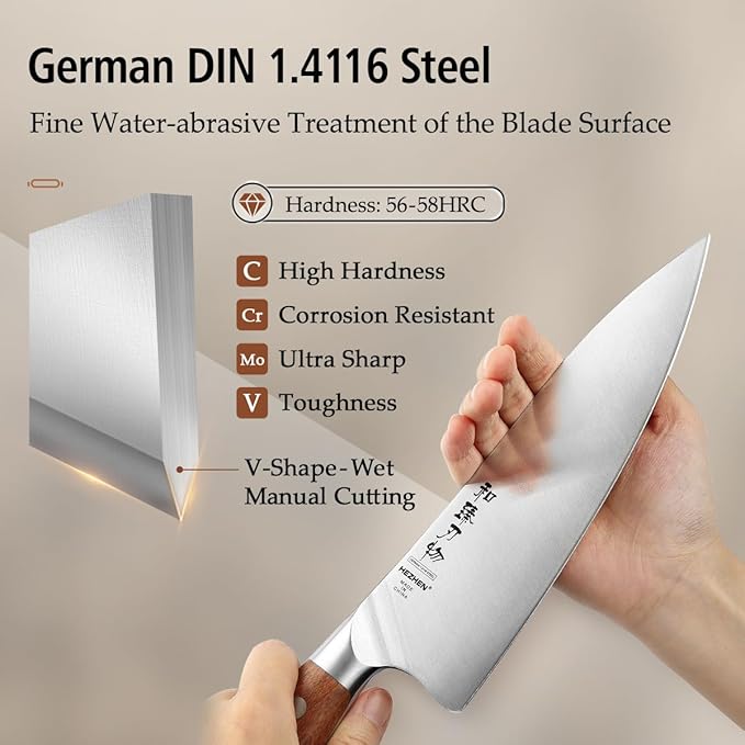 HEZHEN 8 PCS Kitchen Knife Block Set, German DIN 1.4116 Steel Knife Set with Block and Sharpener,Kitchen Shear, Ultra Sharp Blade,Red Wood Handle, Gift Packing