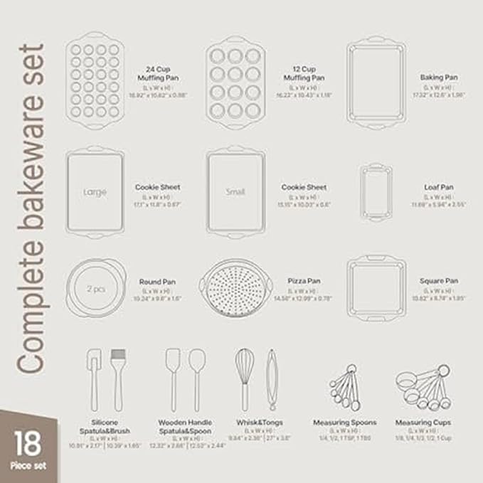 18-Piece Deluxe Nonstick Carbon Steel Bakeware Set - Professional Kitchen Oven Baking Pans with White Silicone Handles and Accessories