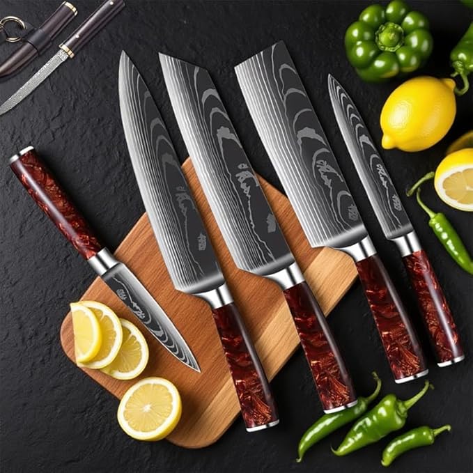8-Piece Premium Japanese Kitchen Knife Set - Imperial Collection, Laser Damascus Pattern, 440A Stainless Steel Ultra Sharp for Fast Cutting (Red 8J)