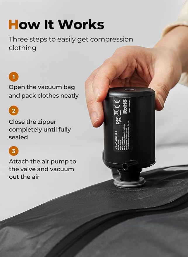 Vacuum Bags for Travel with Wireless Pump, IP67 Waterproof, Reusable Space Saver Compression Bags for Backpack, Suitcase, Home Storage(3 Pack + Pump)