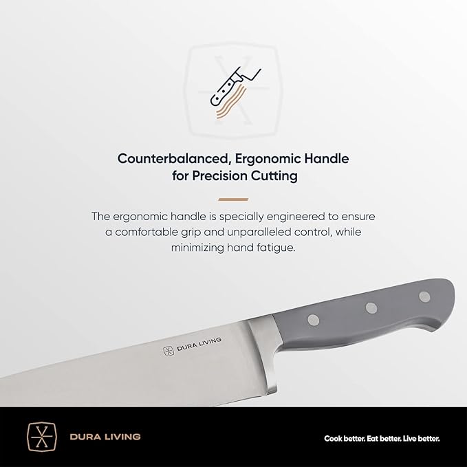 DURA LIVING Premium 4-Piece Steak Knife Set – Sharp Serrated Blades, Forged High Carbon Stainless Steel, Full Tang, Ergonomic Handle, Elegant Gray Finish – Ideal for Dining & Entertaining