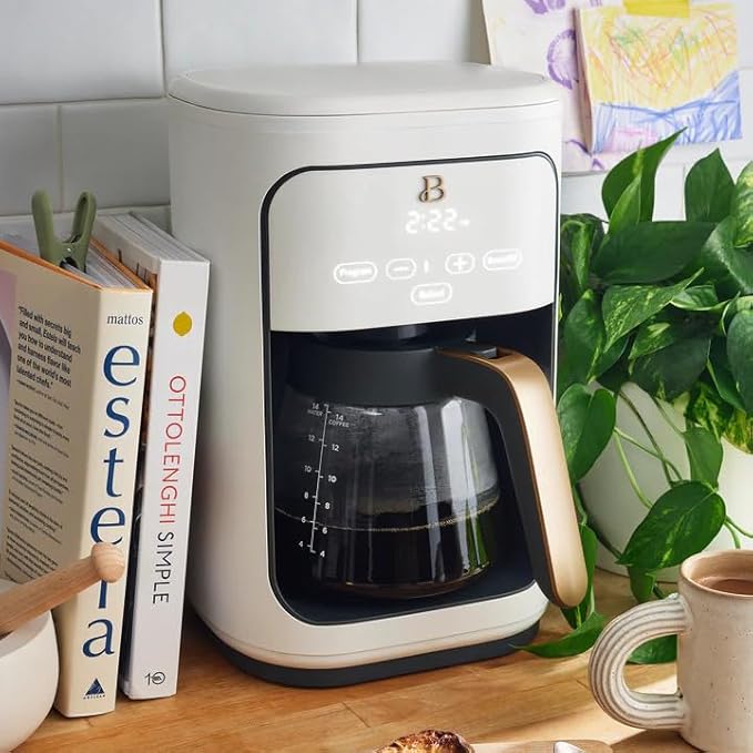 Beautiful 14-Cup Programmable Coffee Maker, Touch-Activated Display, Auto Brew with 3 Flavor Options (White Icing)