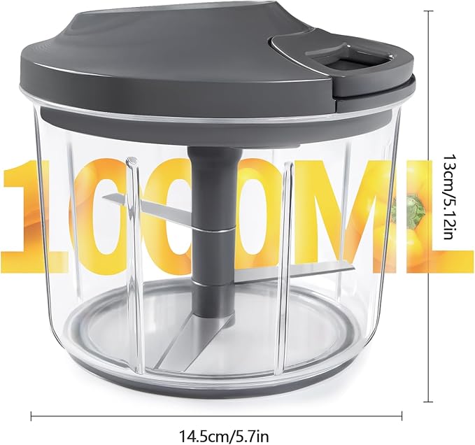 LHS Manual Food Processor Large Vegetable Chopper, 1000ML Pull String Chopper Garlic Mincer Onion Cutter for Veggies,Salad,Fruits, Nuts, BPA Free, GREY