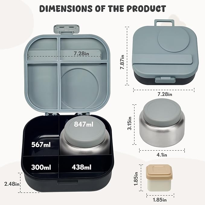 Bento Lunch Box for Kids with 12oz Soup Thermo,4 Compartments Lunch Box Containers Kids, Spoon&Sauce Jar, BPA Free&Leak proof,Insulated Food Jar for Travel(Black)