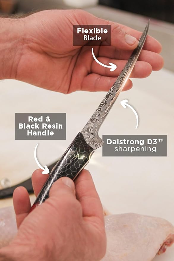 Dalstrong Fillet Knife - 7 inch - Scorpion Series - Exclusive Japanese V12 Ultra™ Steel - Black Damascus - Black & Red Honeycomb Resin Handle Cooking Boning Knife Gift - Custom-Fit Leather Sheath