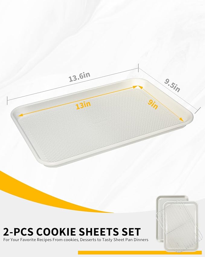 Nonstick 13”x 9” Baking Sheet with Wire Rack, 2-Pack Carbon Steel Quarter Cookie Sheets for Oven, Oven Safe 450°F, Non Warping, Dishwasher Safe, Gift for Baking and Sheet Pans Dinners