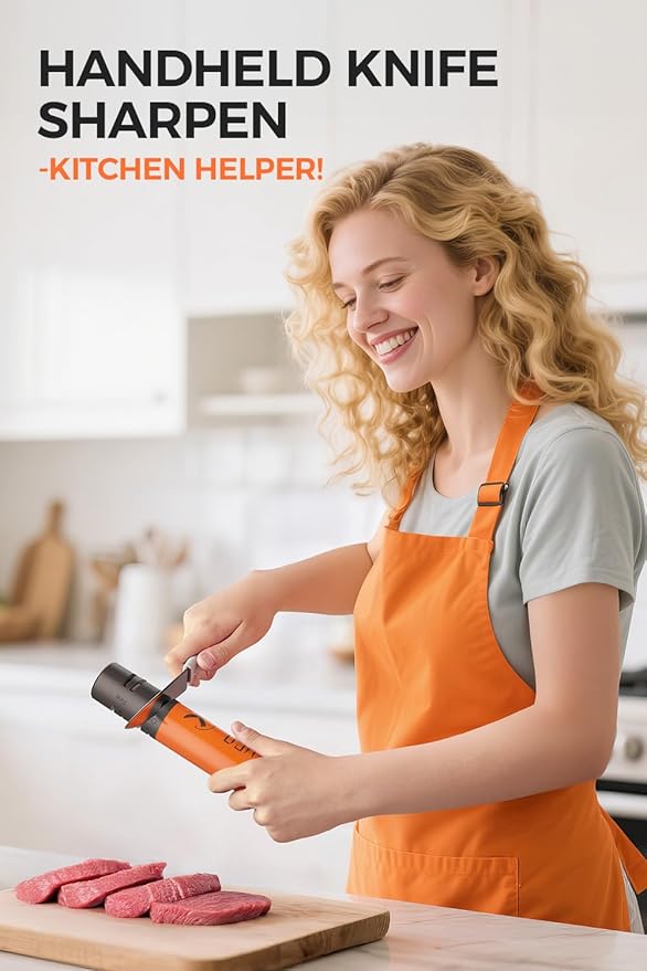 Electric Knife Sharpener, 3 Speed Max 7000RPM Handheld Sharpener for Kitchen Knives, Electric Knife Sharpening Tool of Portable Cordless Rechargeable 2000mAh (Orange)