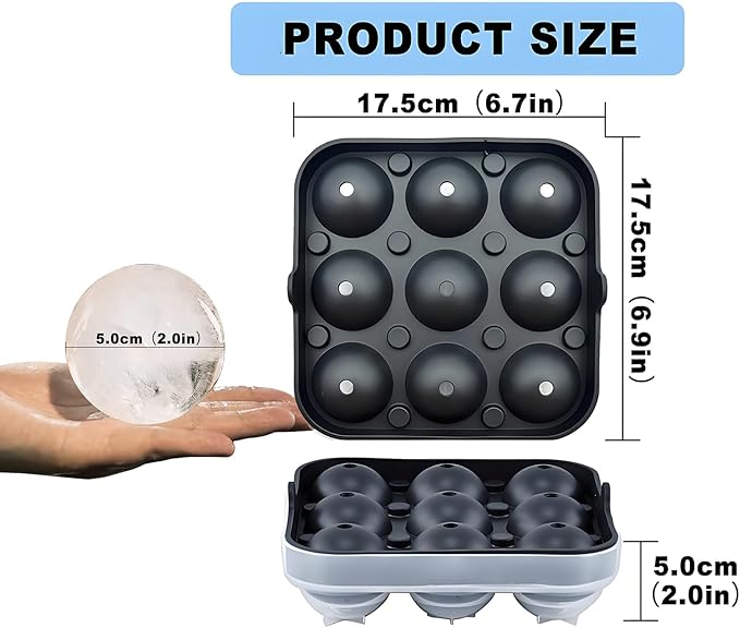 Samuelworld Large Ice Ball Maker with Lid, 9 x 2 Inch Ice Balls - Food Grade, Easy To Fill Round Silicone Ice Tray, Perfect Spheres Craft Ice Maker for Whiskey, Cocktails, Gifting - Black