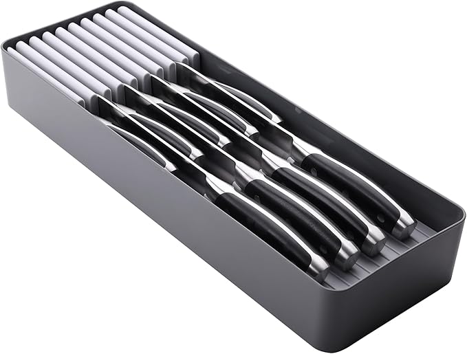 Linoroso Knife Drawer Organizer With In-Drawer Knife Block for 9 Knives, Kitchen Utensil Organizer, BPA Free Secure Storage Tray for Countertop Organization