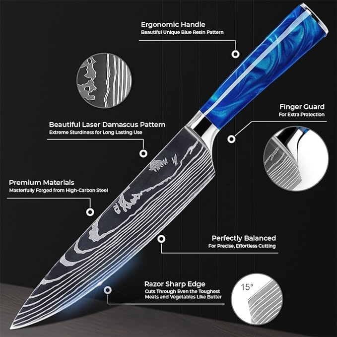 SENKEN 16-Piece Kitchen Knife Block Set - Japanese Chef's Knife Set with Laser Damascus Pattern, Includes 6 Steak Knives and Smoothly-Finished Acacia Hardwood Knife Block (Blue Resin Handles)