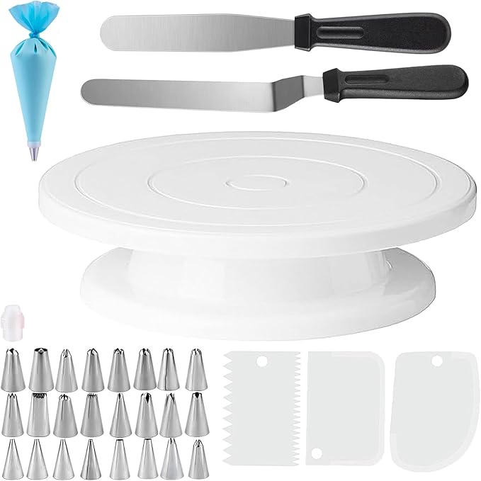 11 Inch Revolving Cake Stand Turntable, Cake Decorating Kit with 24 Icing Piping Tips, 3 Scrapers, 2 Spatulas, 1 Coupler and 1 Reusable Piping Bag, Baking Supplies for Beginners and Cake Lovers