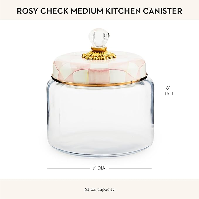 MACKENZIE-CHILDS Rosy Check Kitchen Canister, Decorative Pink-and-White Glass Storage Jar with Lid, Medium
