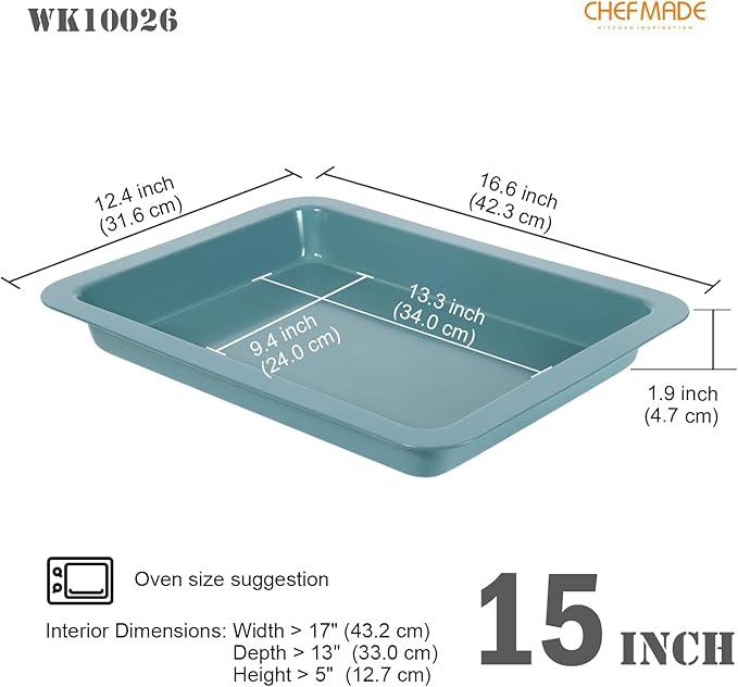 CHEFMADE Baking Sheet Pan, Nonstick 15-Inch Lasagna pan, Deep Baking Bakeware for Oven（Green）