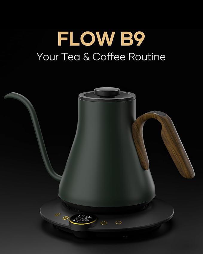 Cocinare FLOW B9 Gooseneck Electric Kettle, Precise Temperature Control for Pour-Over Coffee & Tea Brewing, Stainless Steel Interior, Rapid Heating for Boiling Water 1500W/0.9L (Delacroix Green)