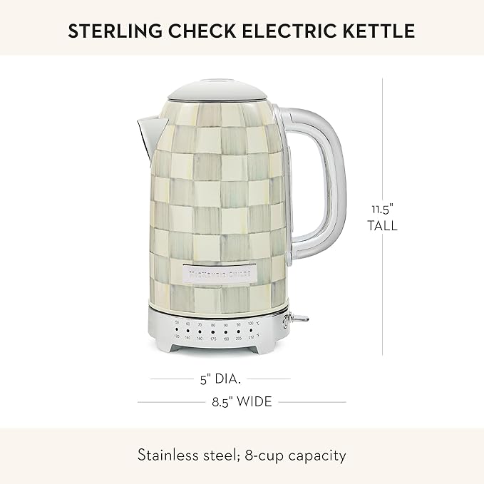 MACKENZIE-CHILDS Electric Kettle, Stainless-Steel Tea Kettle, Gray-and-White Sterling Check