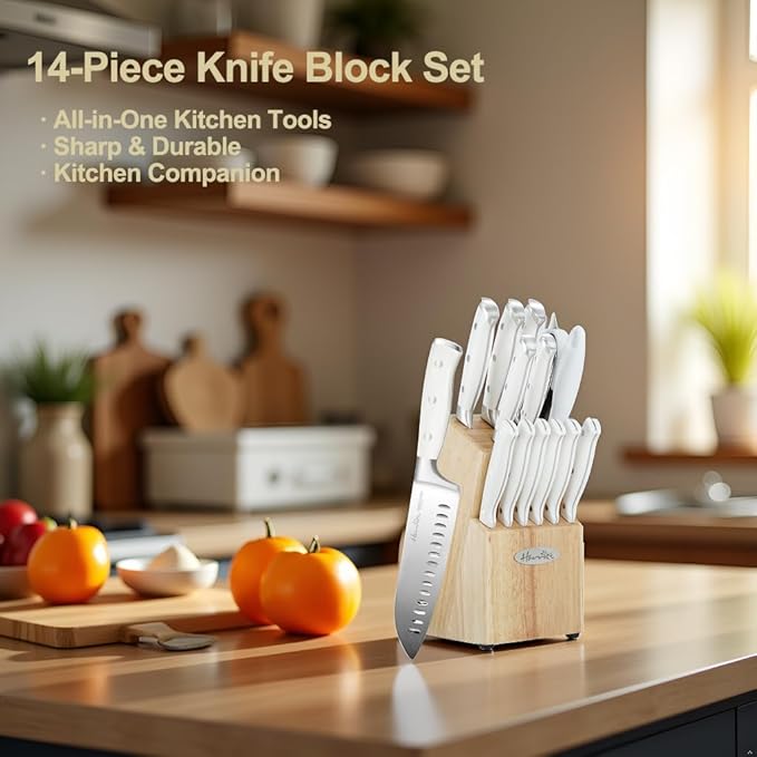 Harriet 14-Piece Knife Block Set, High-Carbon Stainless Steel Chef Knives with Triple Rivet Handles, Sharpening Steel & Multifunctional Shears | Santoku, Bread, Steak Knives & Wood Block