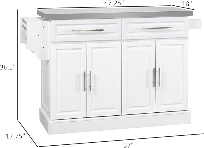 HOMCOM Rolling Kitchen Island Cart with Wheels, Portable Island Table for Kitchen with Stainless Steel Top, Adjustable Shelves, 2 Drawers, Spice, Knife and Towel Rack, White